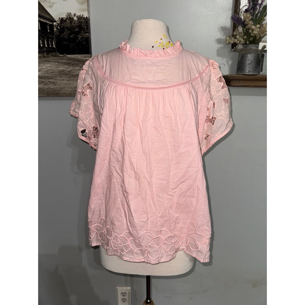 Mira pink‎ pink high neck short sleeve top embroidery floral 100% cotton XL